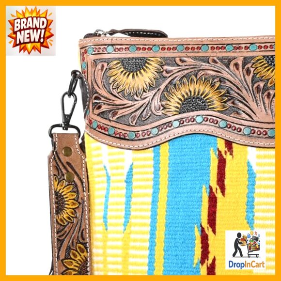 Handwoven Woolen Saddle Blanket Crossbody Bag Boho Western Tooled Leather - Picture 6 of 7